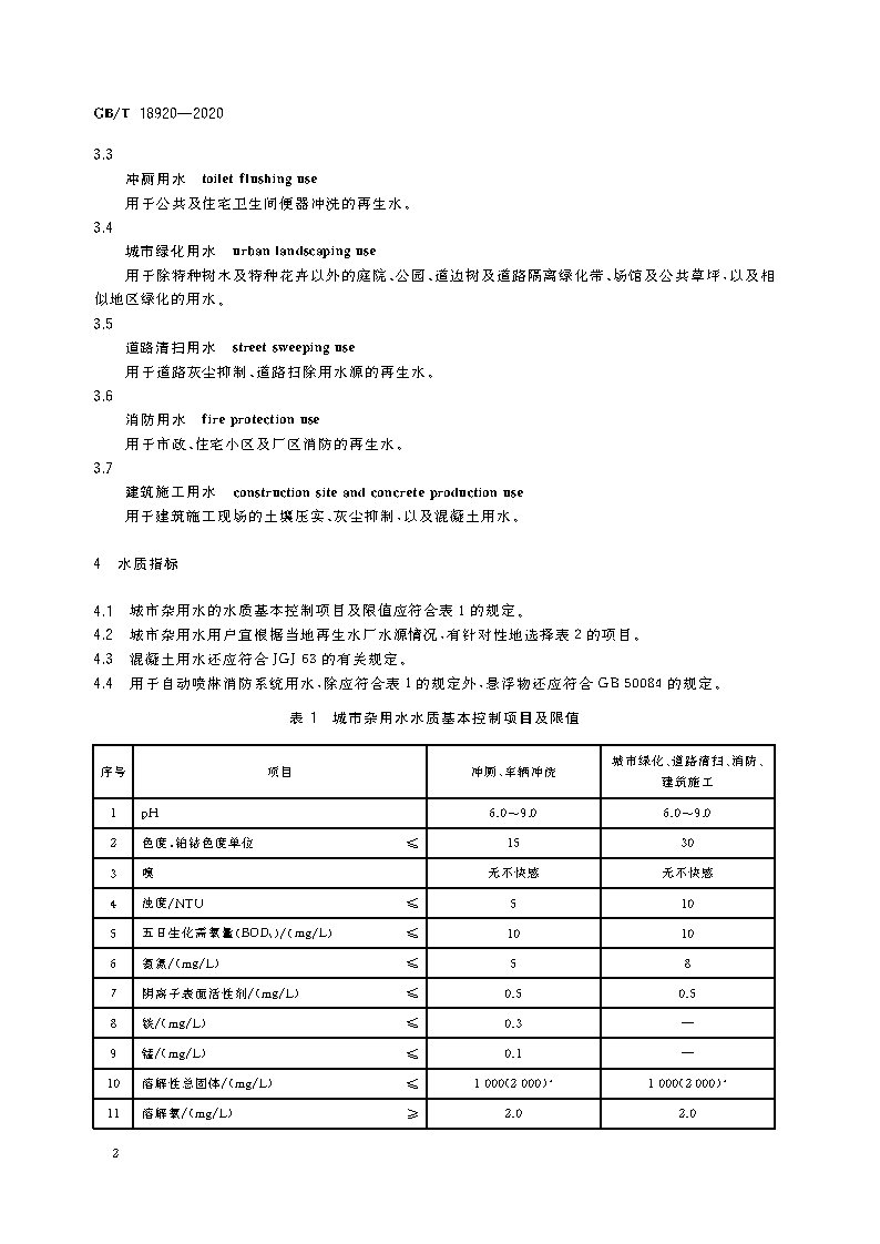 GB/T18920-2020：城市污水再生利用城市雜用水水質(zhì)